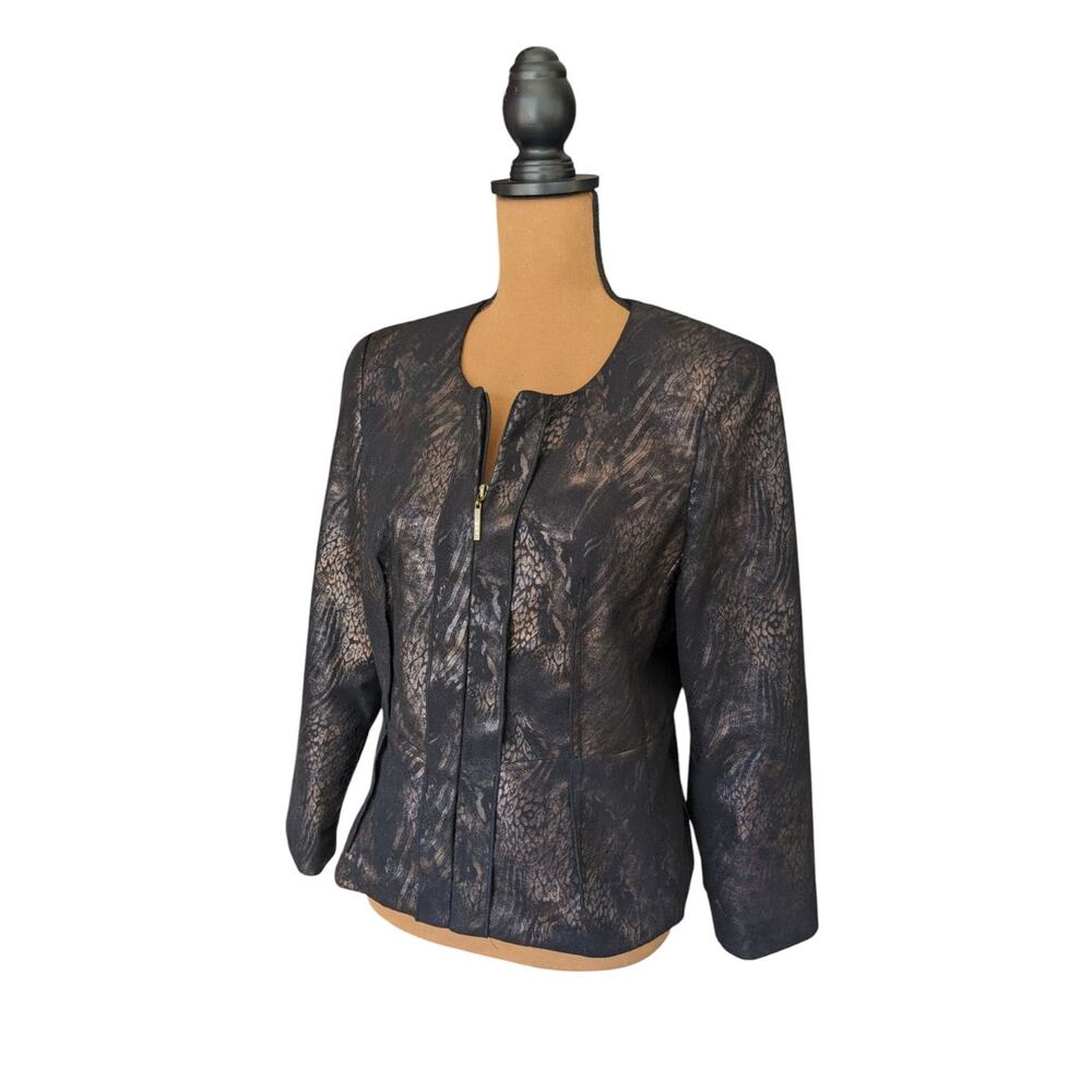 Y2K Metallic Animal Print Blazer 6P Kim Rogers Petites Jacket Faux Suede Zip Up